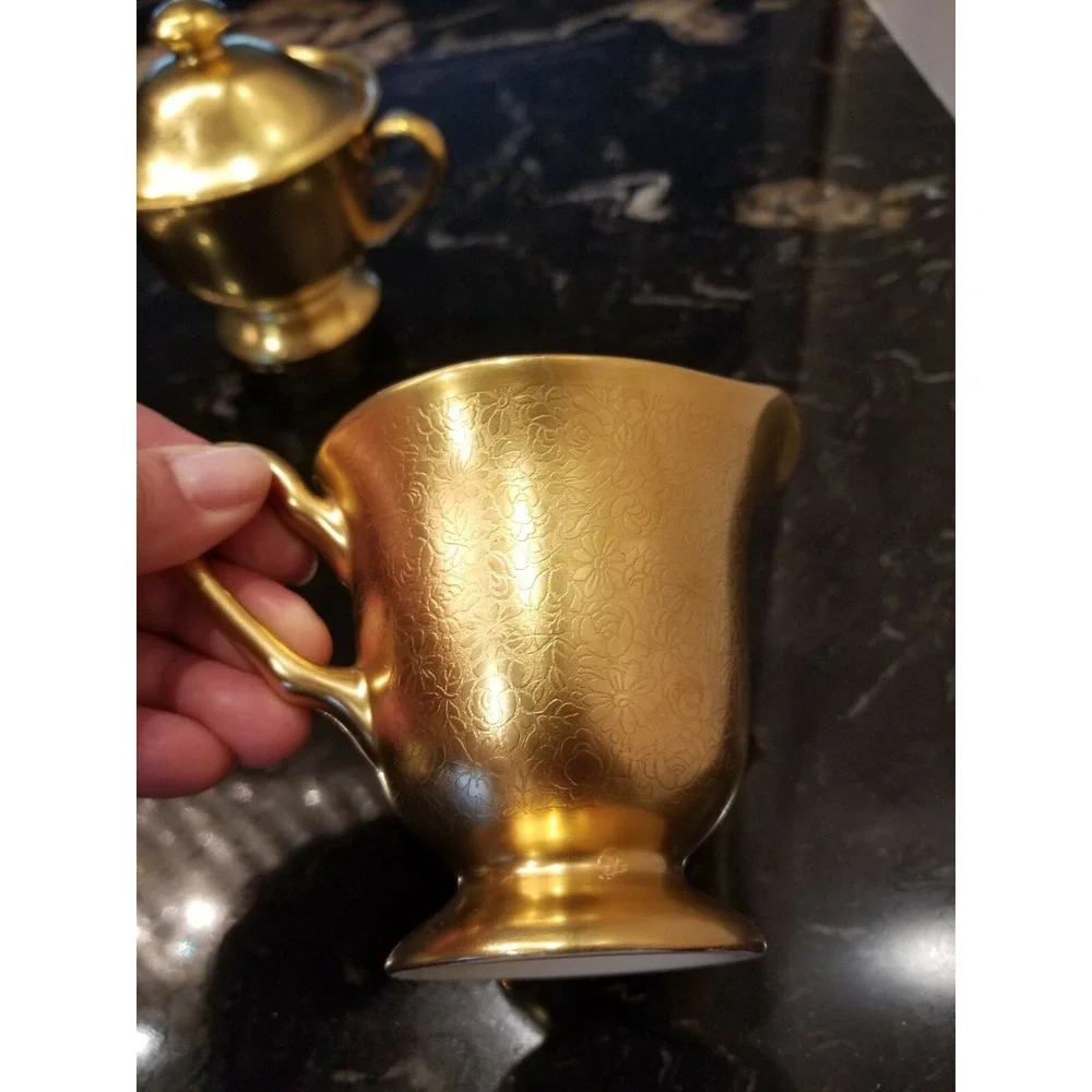 Vintage Pickard Sugar Bowl & Creamer Gold #595 Rose & Daisy